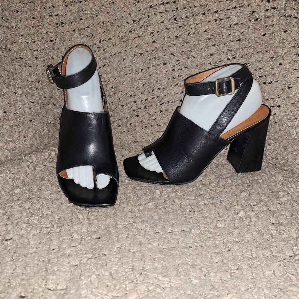 L'INTERVALLE-Black Leather- Dbl Wrap Ankle Strap-Toe Post-Block Heel-Sz 40-NWOB